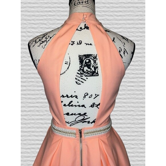 Lulus Peach Backless Skater Dress Womens SM High Neck Pearl Party Prom - Picture 7 of 11